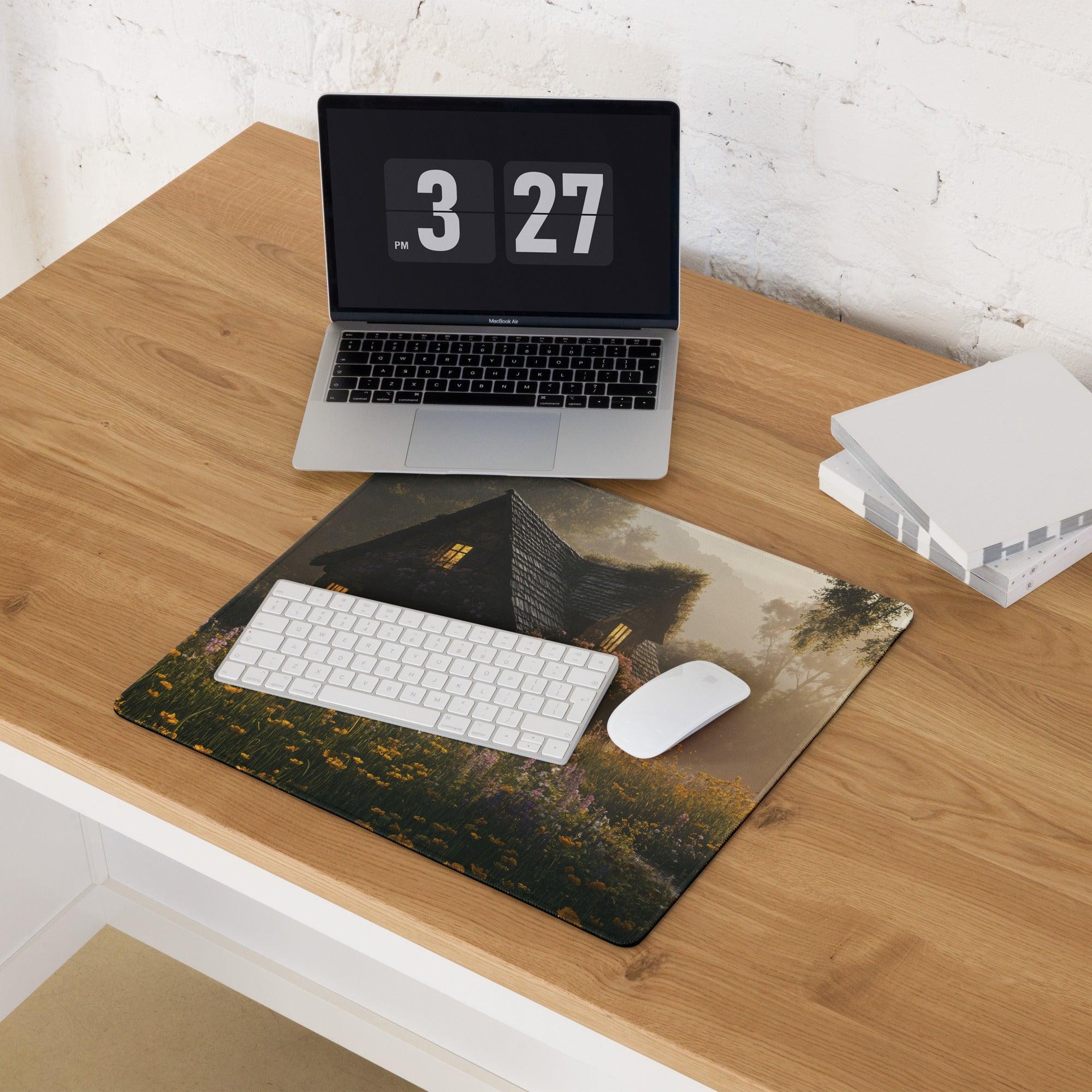 Dreamy cottage garden mouse pad with golden hour glow house scene