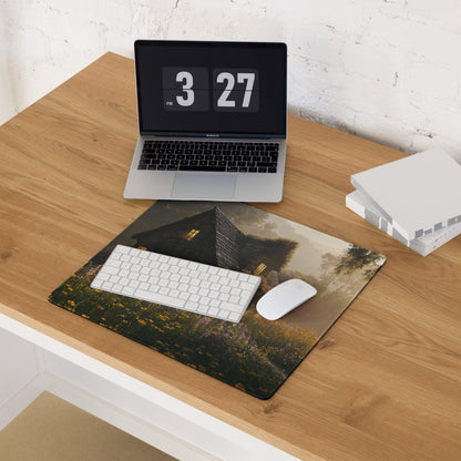 Dreamy cottage garden mouse pad with golden hour glow house scene