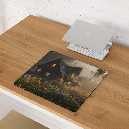 Dreamy cottage garden gaming mouse pad with warm golden hour glow
