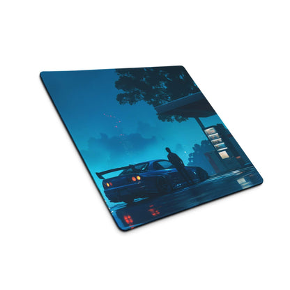 Cyberpunk Night Drive neon blue gaming mouse pad with dark sports car scene