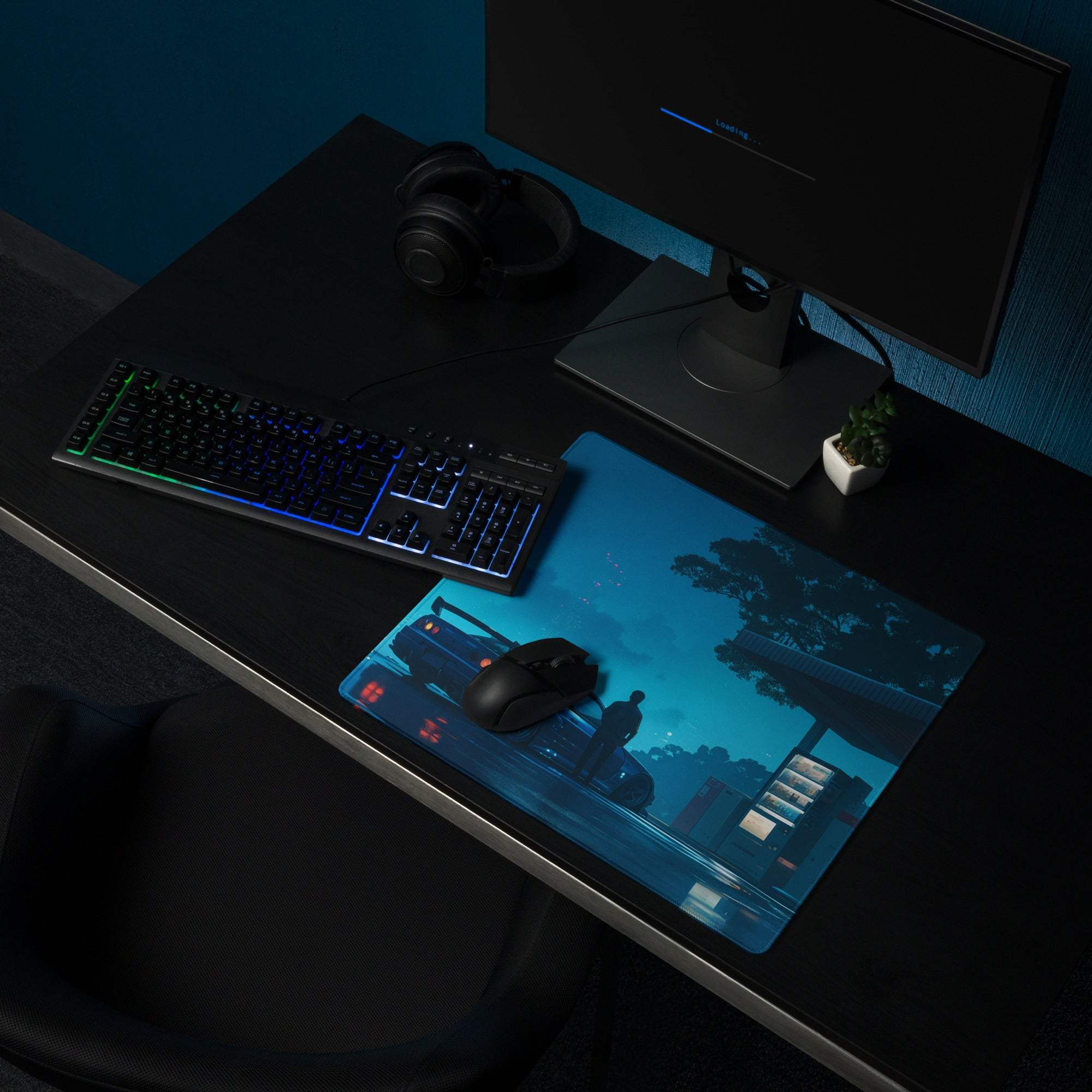 Cyberpunk Night Drive neon blue gaming mouse pad with cityscape silhouette