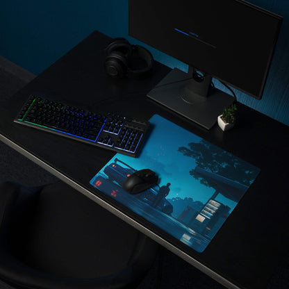 Cyberpunk Night Drive neon blue gaming mouse pad with cityscape silhouette