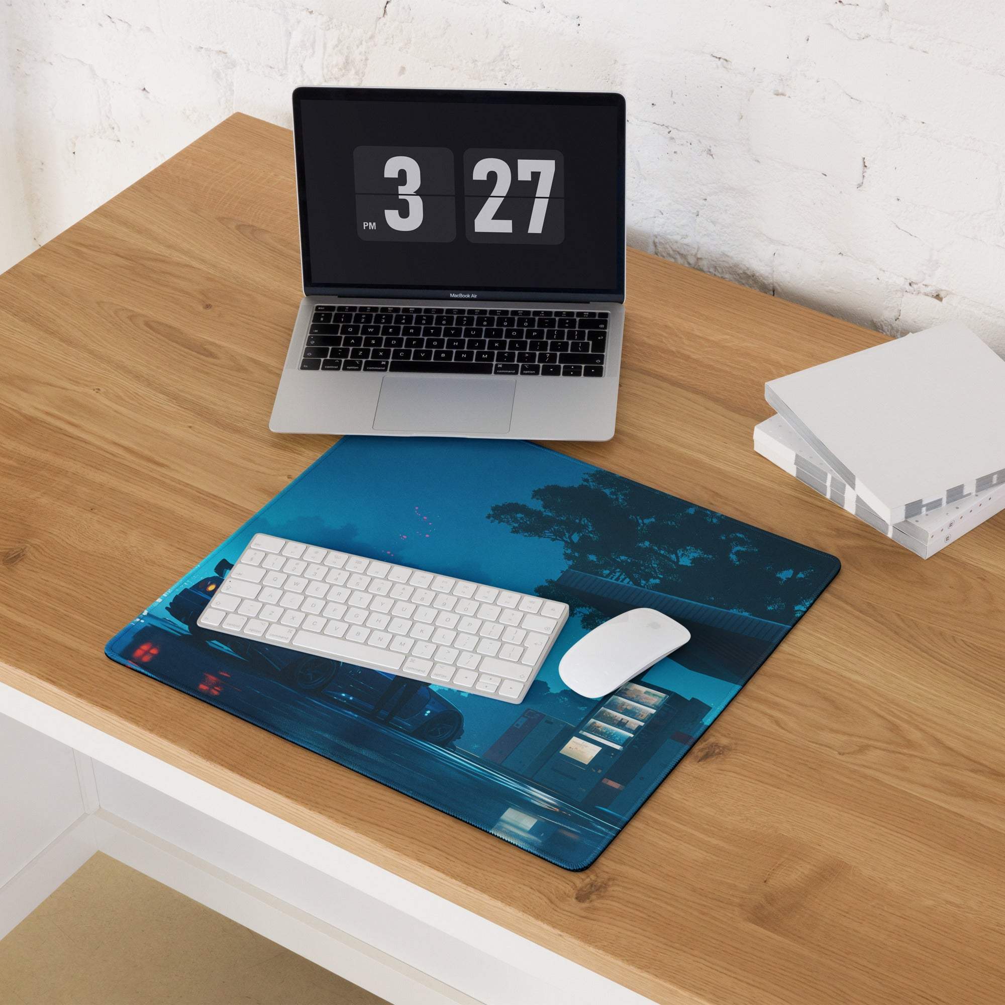 Cyberpunk Night Drive Neon Blue large gaming mouse pad with cityscape design