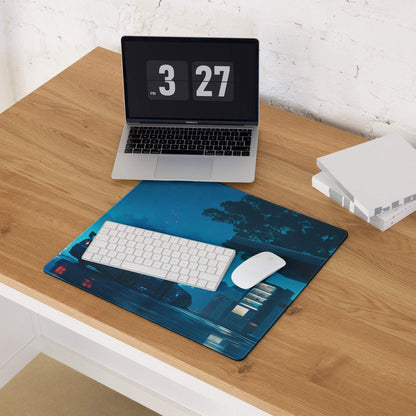Cyberpunk Night Drive Neon Blue large gaming mouse pad with cityscape design