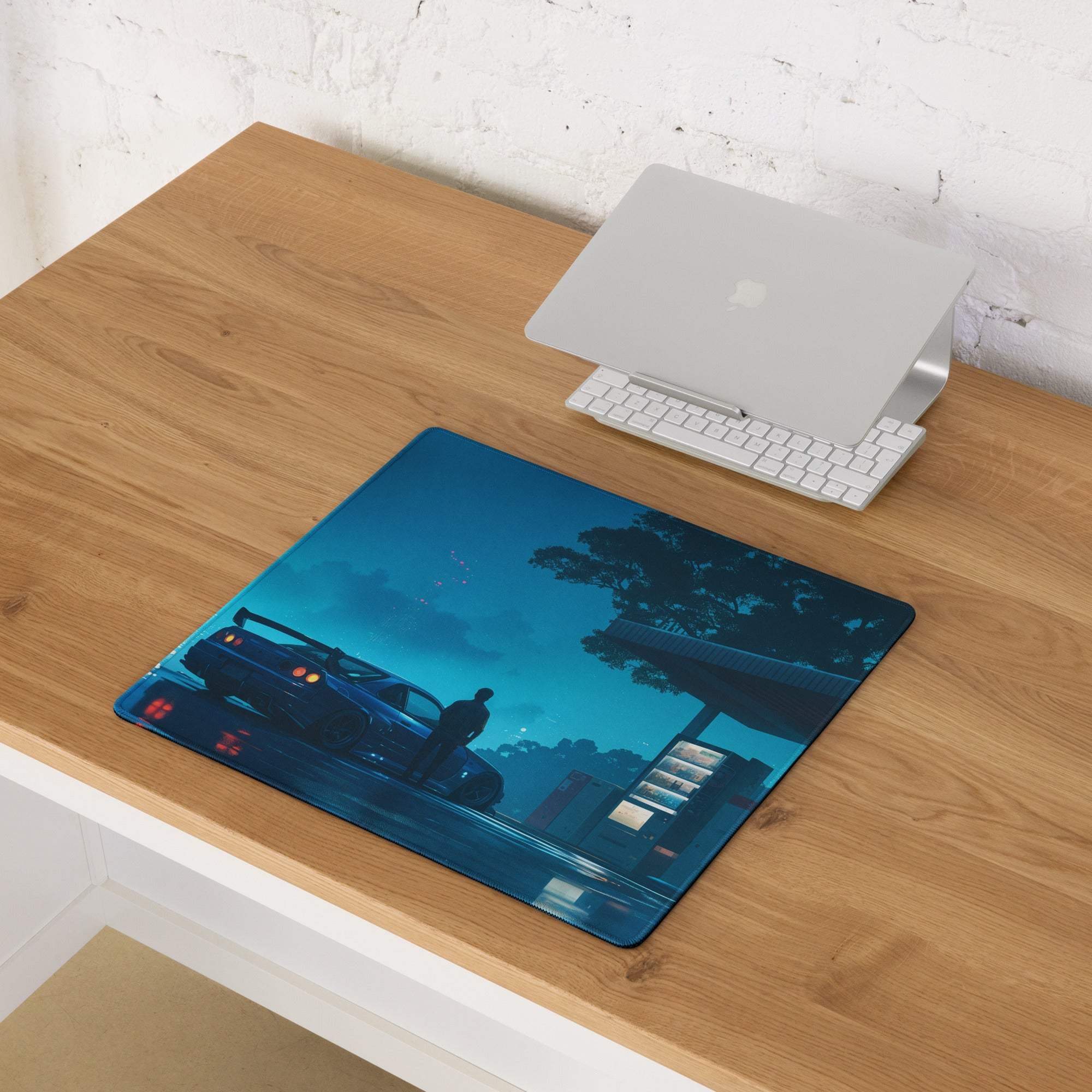 Cyberpunk Night Drive Neon Blue large gaming mousepad with sports car under night sky