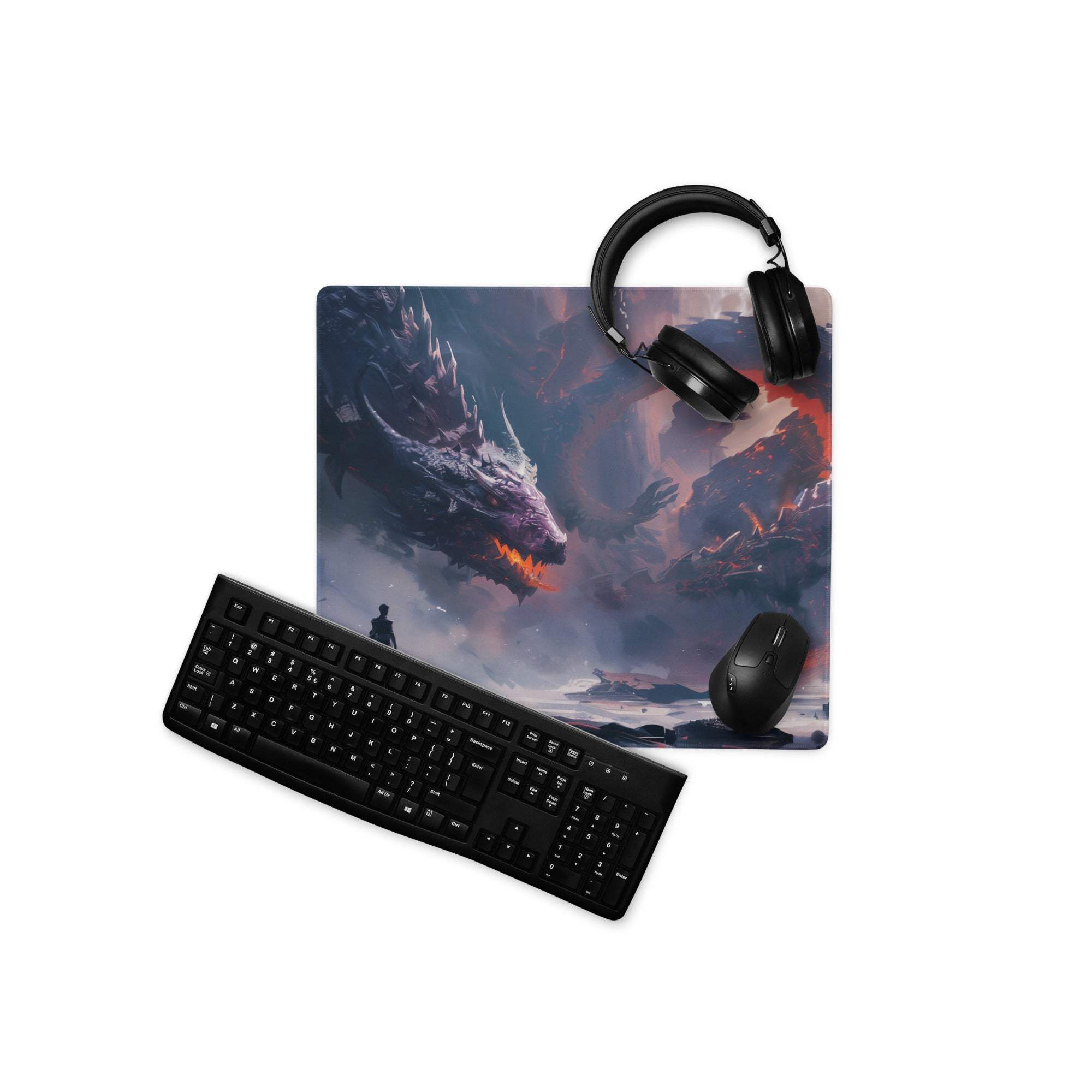 Epic Dragon Siege black gaming mousepad with fiery dragon art