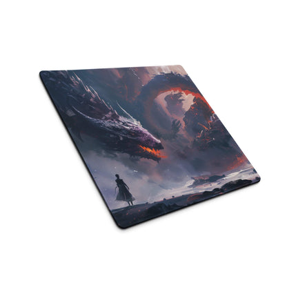 Dark epic dragon siege gaming mousepad with fiery eyes and stormy sky