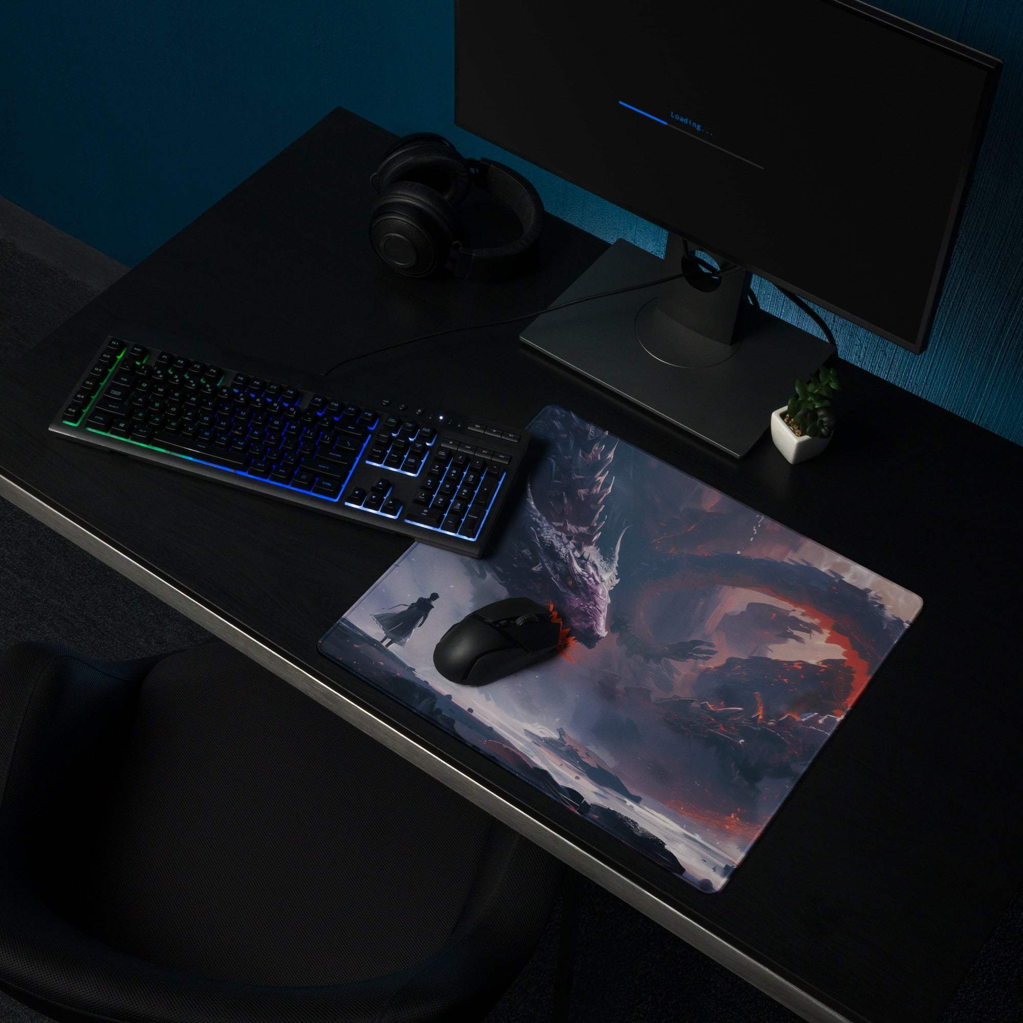 Epic Dragon Siege fantasy gaming mouse pad with dragon and figure art