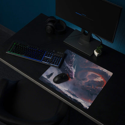 Epic Dragon Siege fantasy gaming mouse pad with dragon and figure art