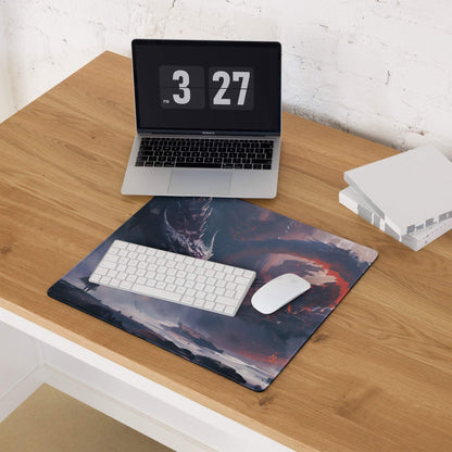 Dark epic dragon siege gaming mousepad with fiery accents and non-slip base