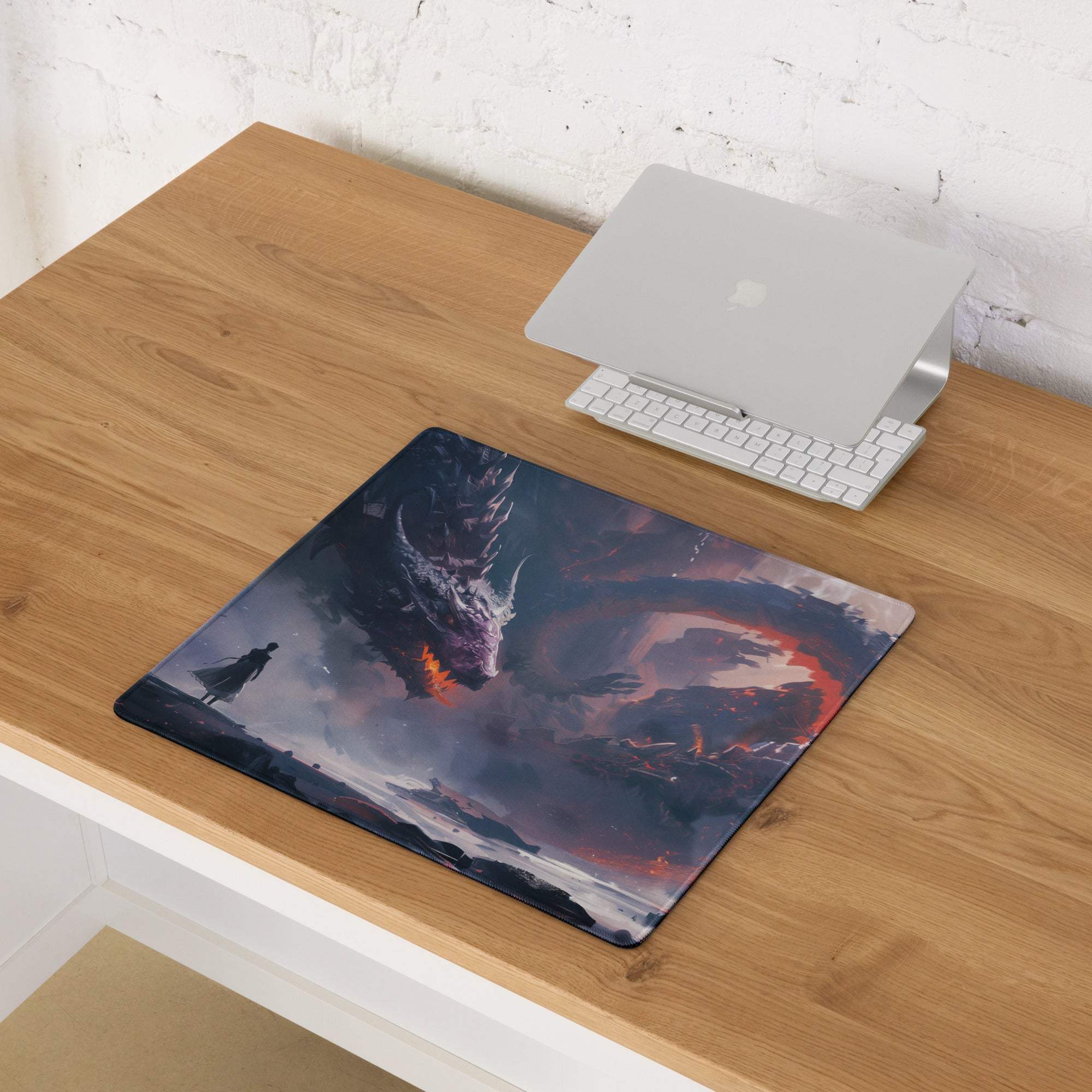 Epic Dragon Siege fantasy gaming mouse pad with fiery dragon art