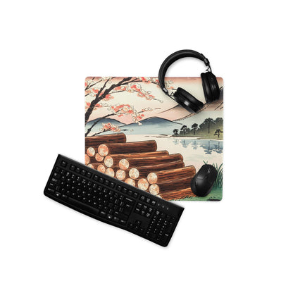 Ukiyo-e landscape gaming mouse pad with cherry blossoms, logs, mountains in pastel sunset