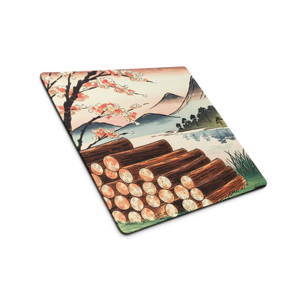 Ukiyo-e landscape rectangular coaster with cherry blossoms, mountains, logs