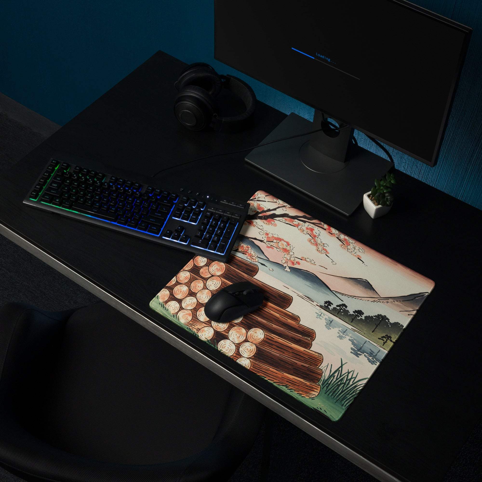 Ukiyo-e gaming mouse pad with stacked logs, cherry blossoms, pastel sunset