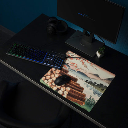 Ukiyo-e gaming mouse pad with stacked logs, cherry blossoms, pastel sunset