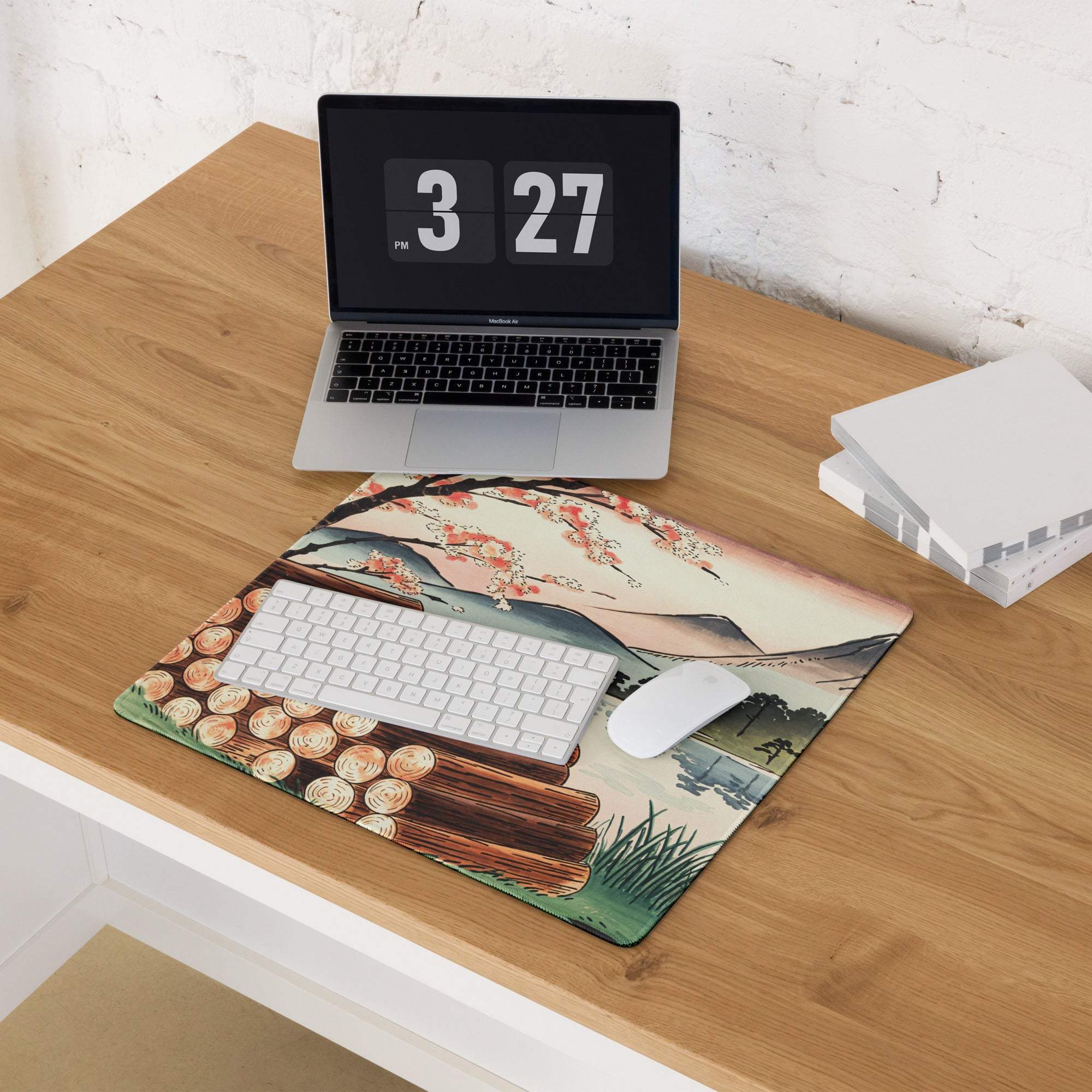 Ukiyo-e gaming mouse pad with stacked logs, cherry blossoms, pastel sunset landscape