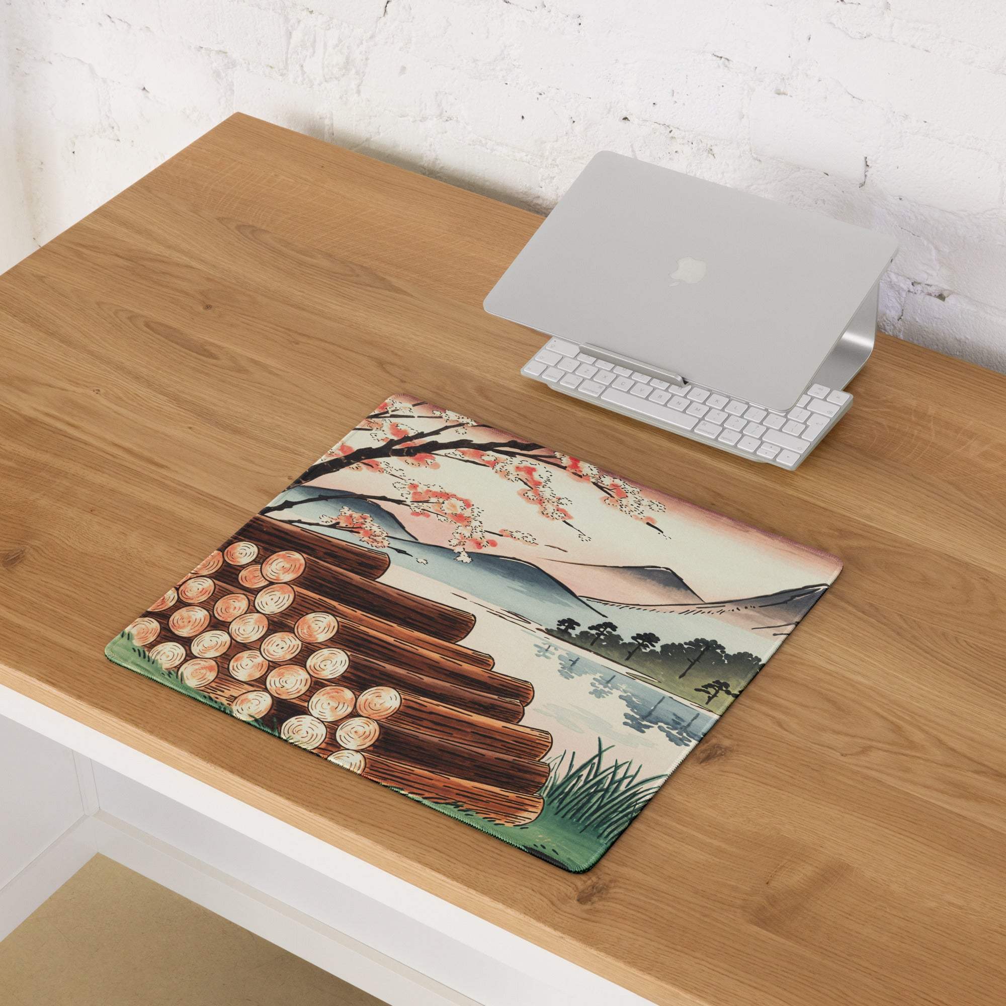 Ukiyo-e landscape gaming mouse pad with stacked logs, cherry blossoms, mountains in pastel sunset tones