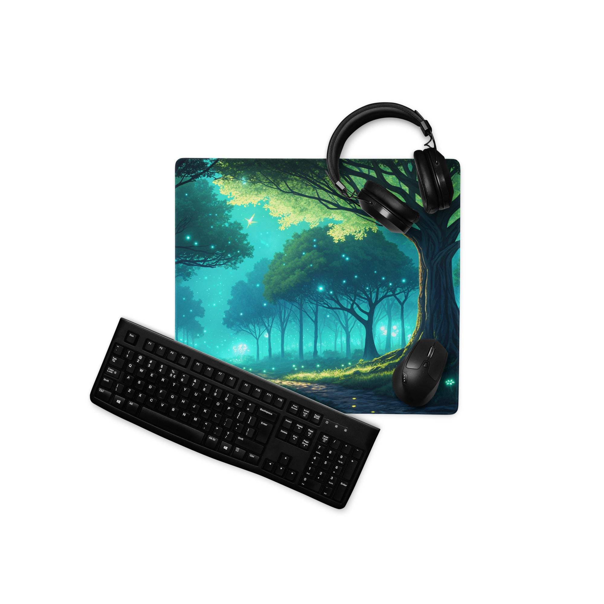 Fantasy Forest Glow large gaming mouse pad with vibrant teal forest scene