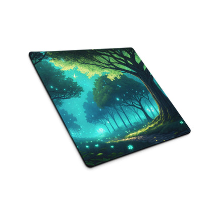 Fantasy Forest Glow large gaming mouse pad with vibrant forest, fireflies, non-slip base