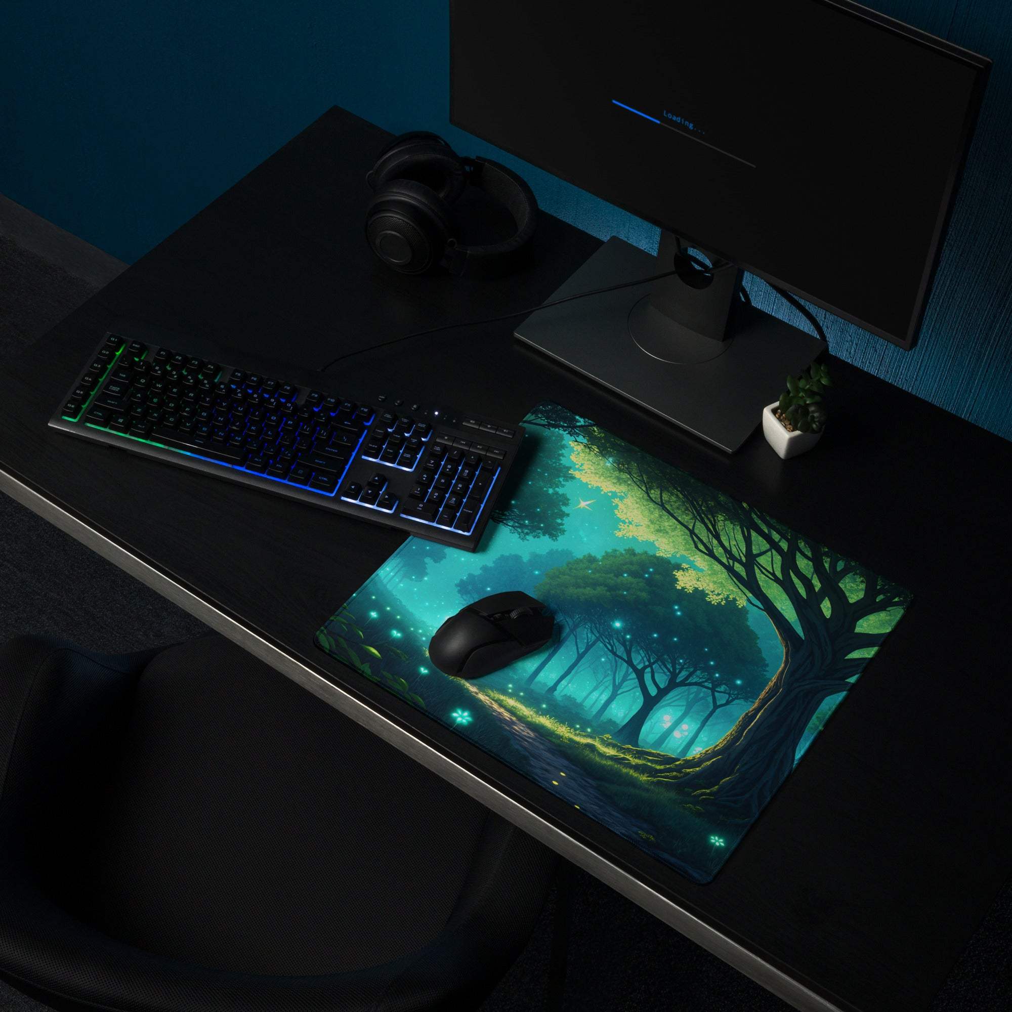 Fantasy Forest Glow large gaming mouse pad with glowing teal forest design