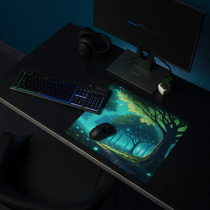 Fantasy Forest Glow large gaming mouse pad with glowing teal forest design
