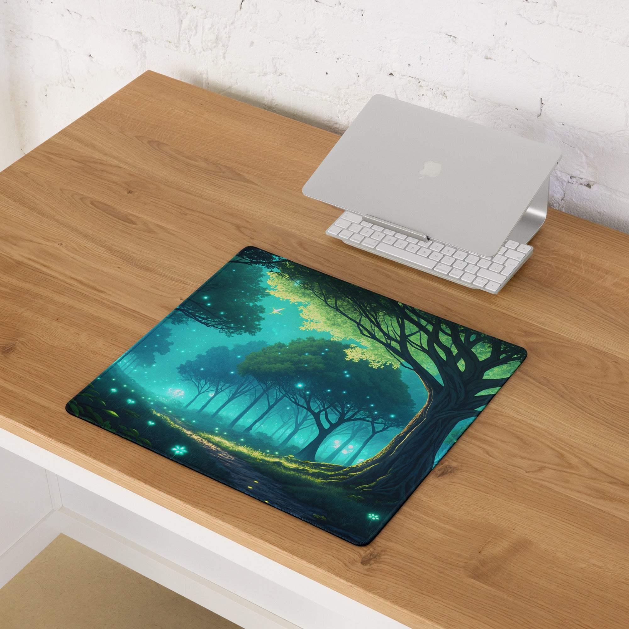 Large Fantasy Forest Glow gaming mouse pad with vibrant green teal trees and lights
