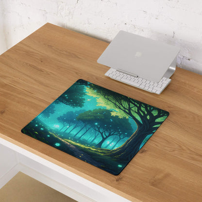 Large Fantasy Forest Glow gaming mouse pad with vibrant green teal trees and lights