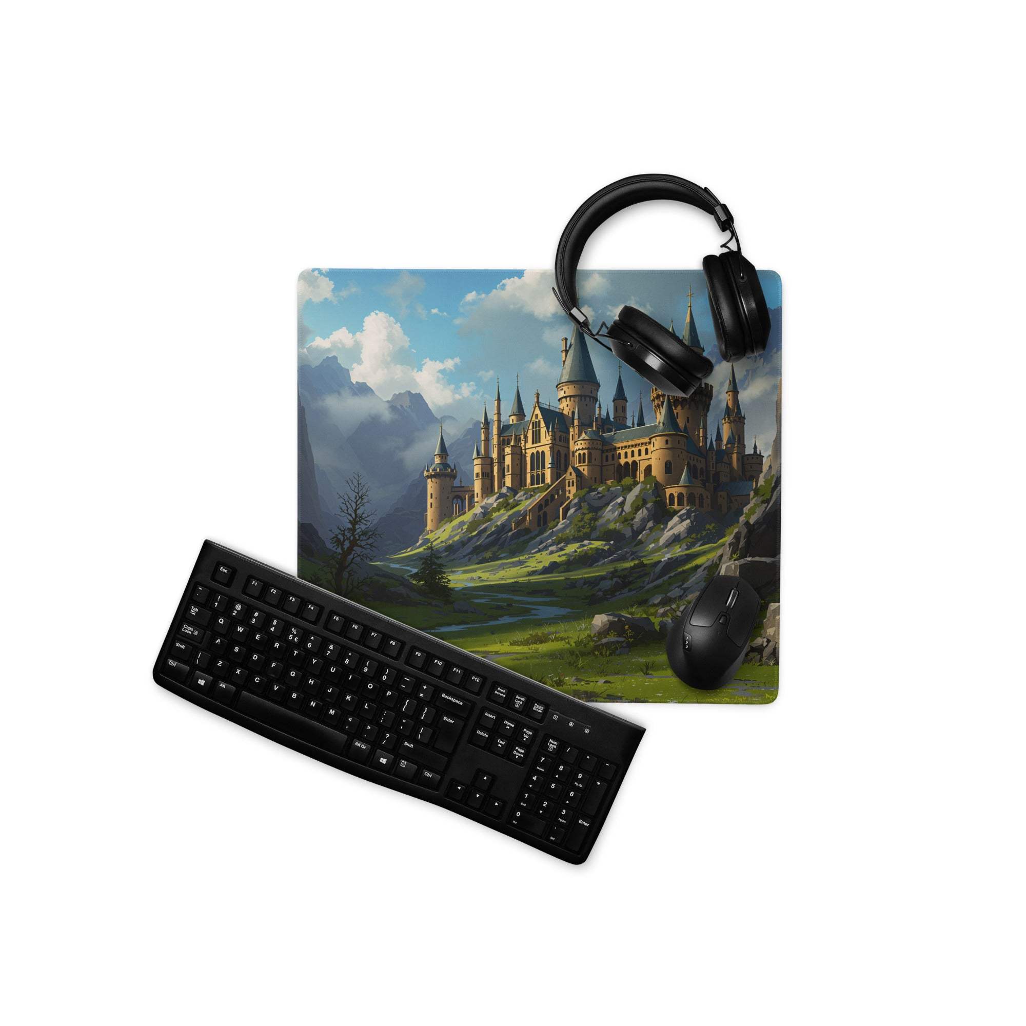Black gaming keyboard on epic fantasy castle mouse pad with headphones
