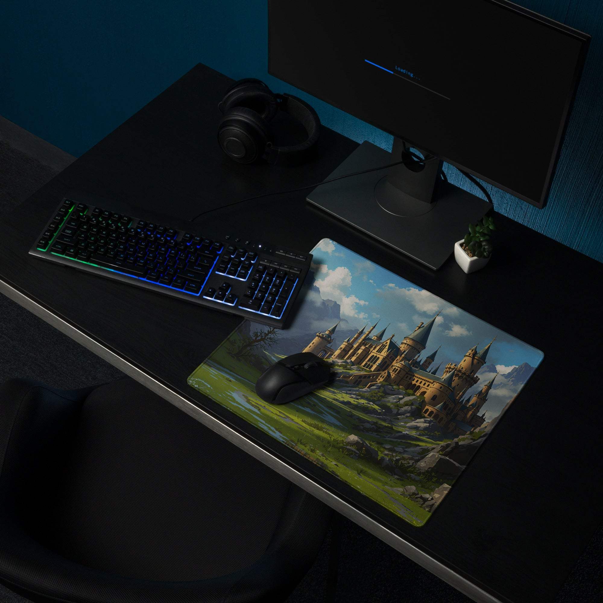 Epic fantasy castle landscape gaming mouse pad with large non-slip surface