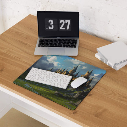 Hogwarts castle gaming mouse pad with landscape, non-slip base, stitched edges