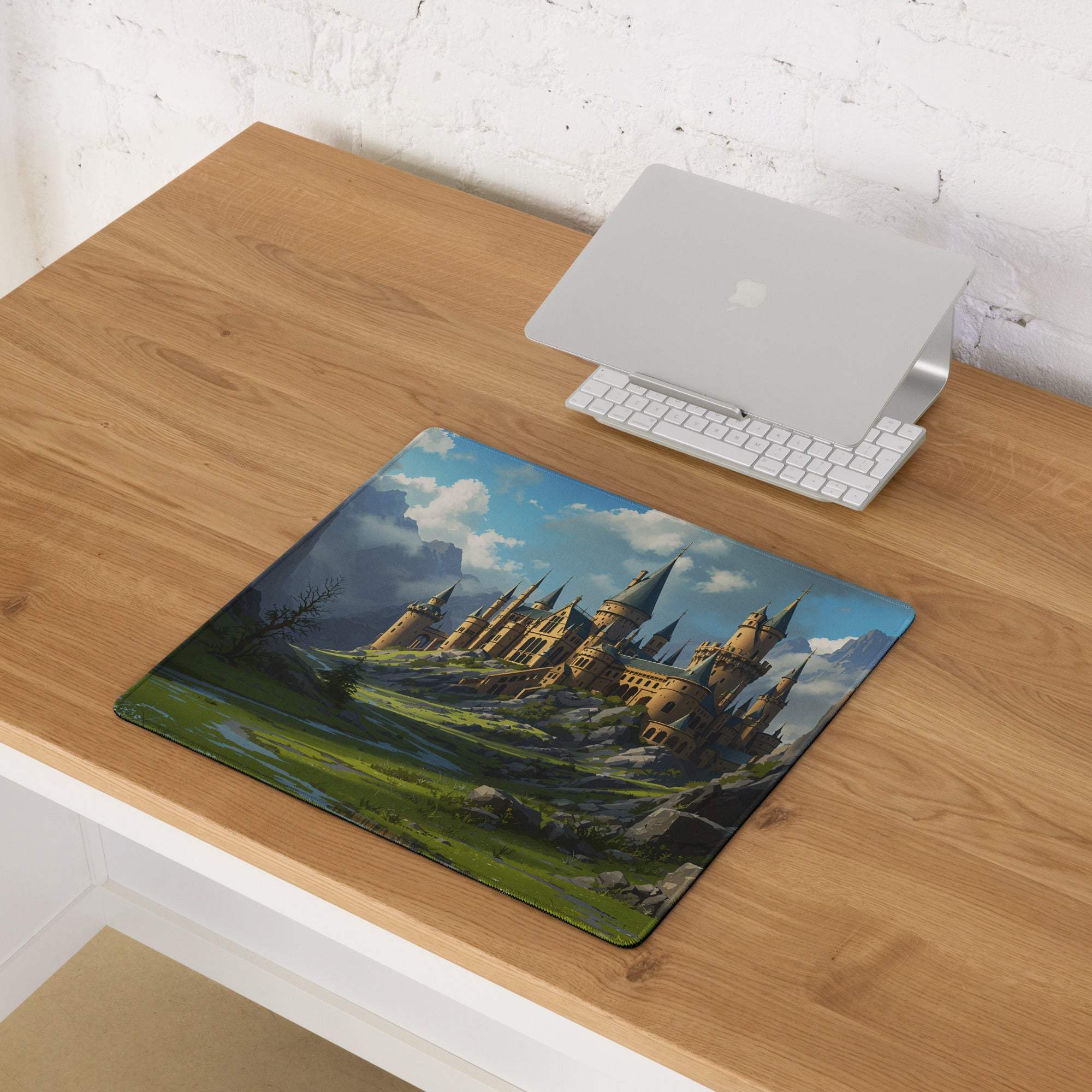 Epic fantasy castle gaming mouse pad with golden spires landscape