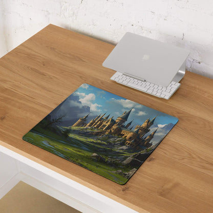 Epic fantasy castle gaming mouse pad with golden spires landscape