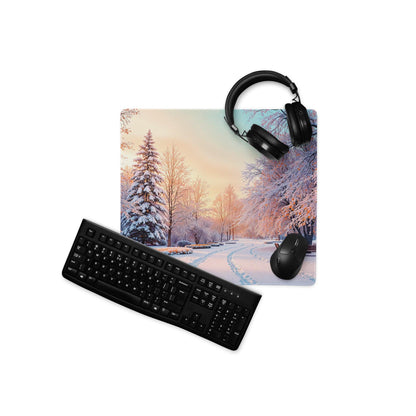 Black keyboard mouse on dreamy winter park snow scene gaming mousepad