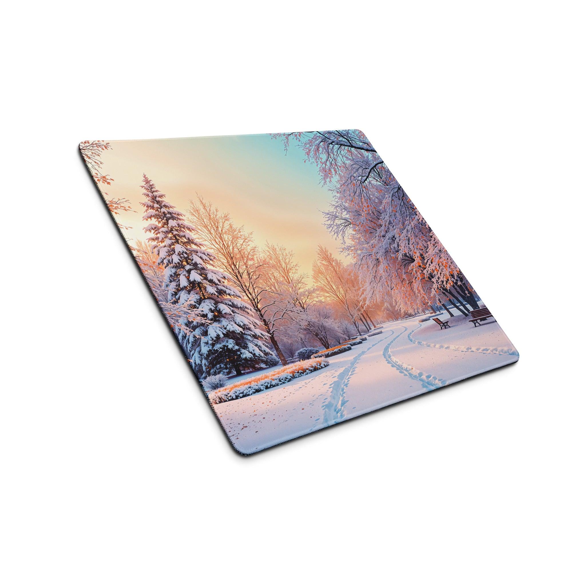 Dreamy Winter Park snow scene gaming mouse pad with edge stitching