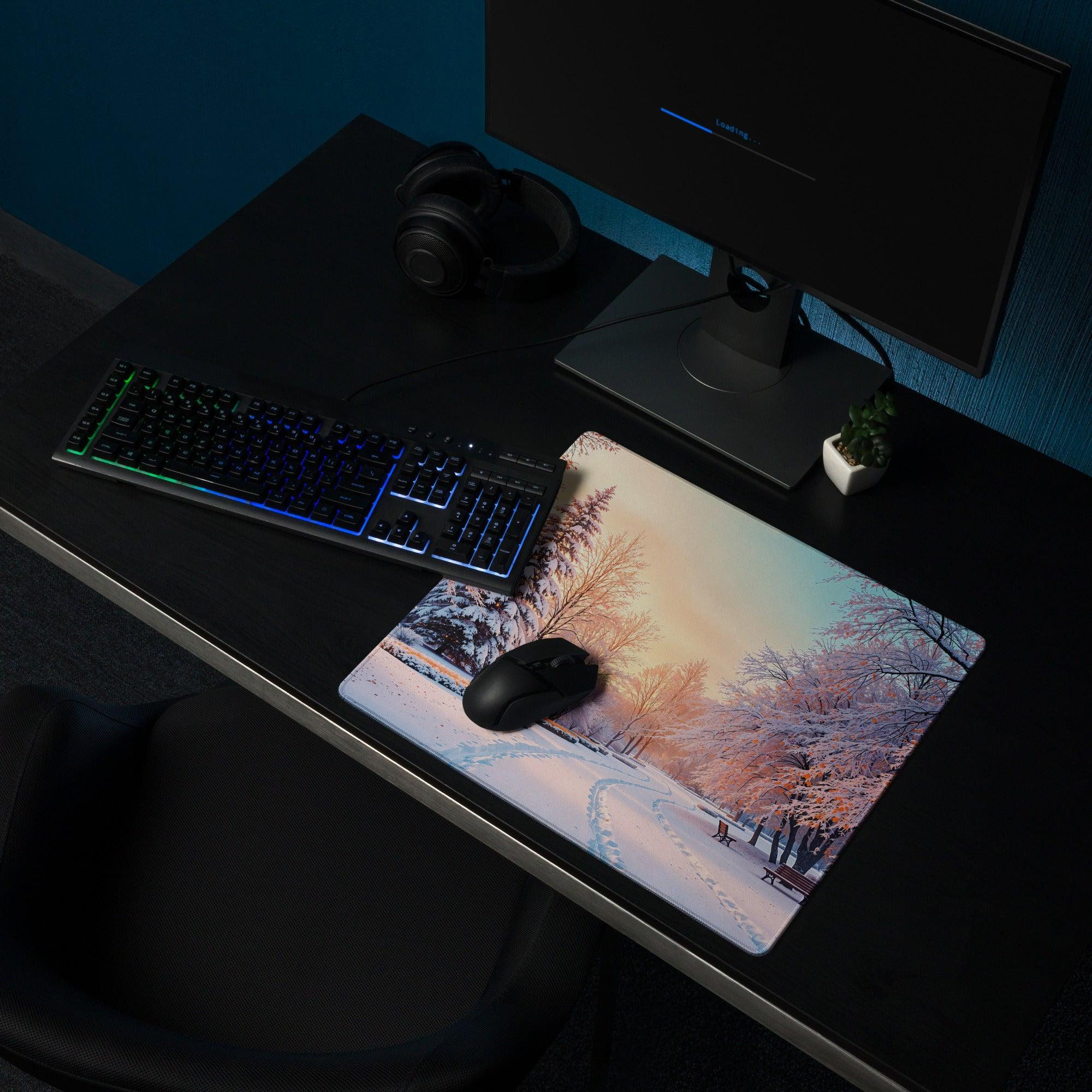 Dreamy Winter Park snow scene gaming mouse pad with sunset glow