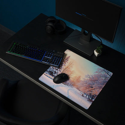 Dreamy Winter Park snow scene gaming mouse pad with sunset glow