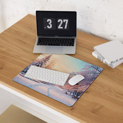 Dreamy Winter Park Snow Scene large gaming mouse pad with edge stitching