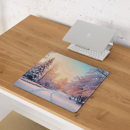 Dreamy Winter Park snow scene gaming mouse pad with sunset glow and edge stitching