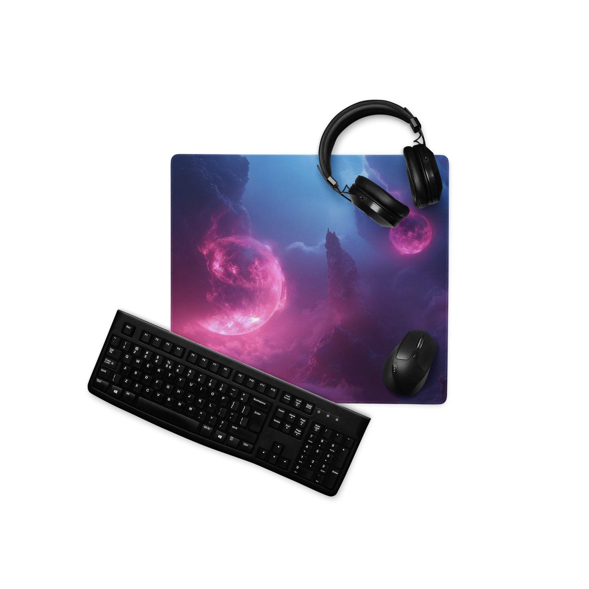 Cosmic neon pink blue space gaming mouse pad with nebulae design