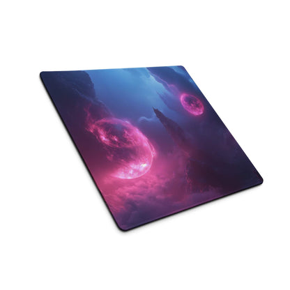 Cosmic neon pink blue space gaming mouse pad with non-slip backing