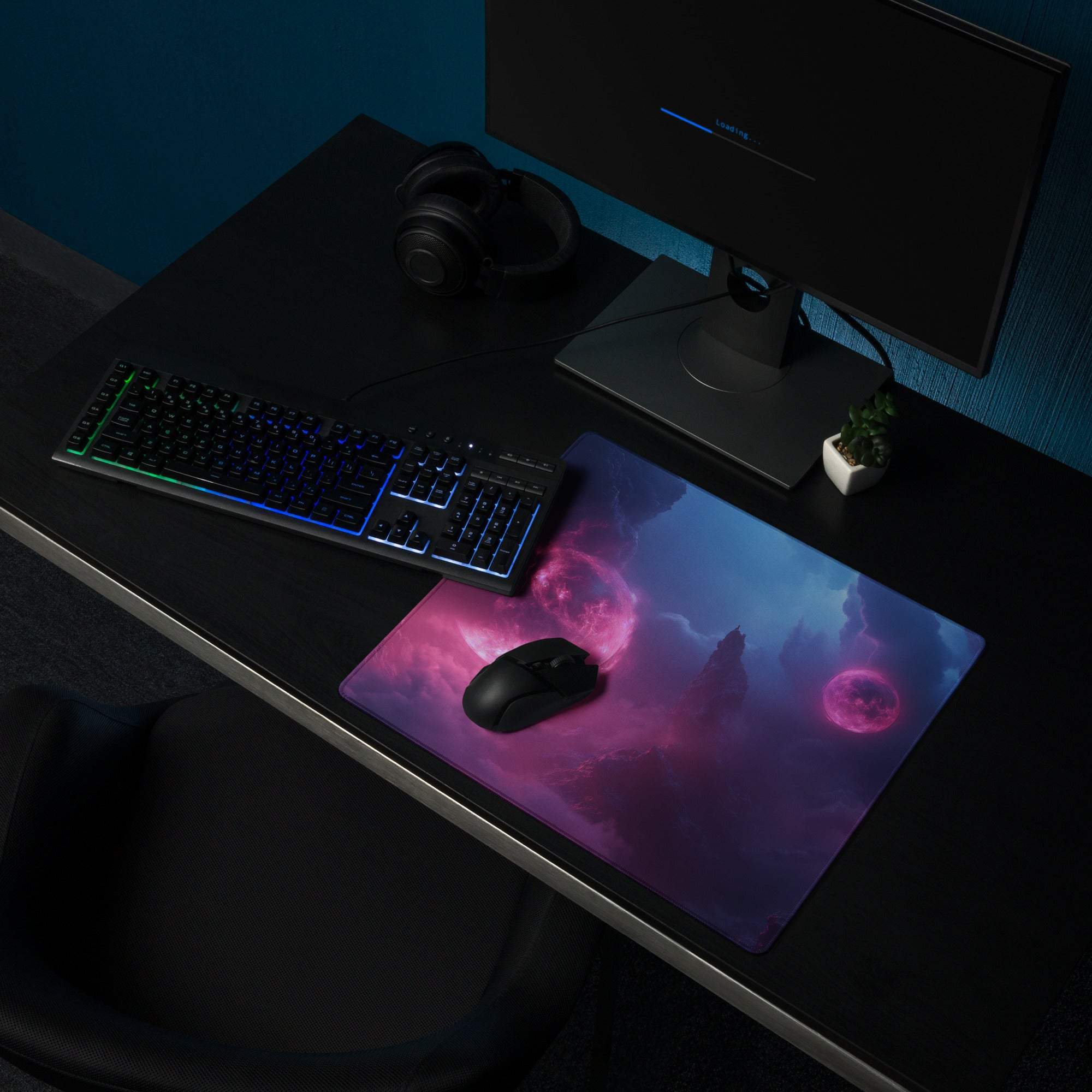 Cosmic neon pink purple nebula gaming mousepad, large non-slip