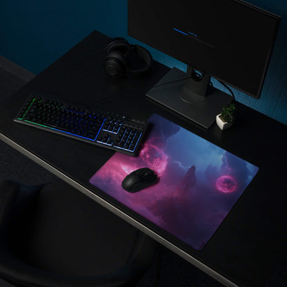 Cosmic neon pink purple nebula gaming mousepad, large non-slip