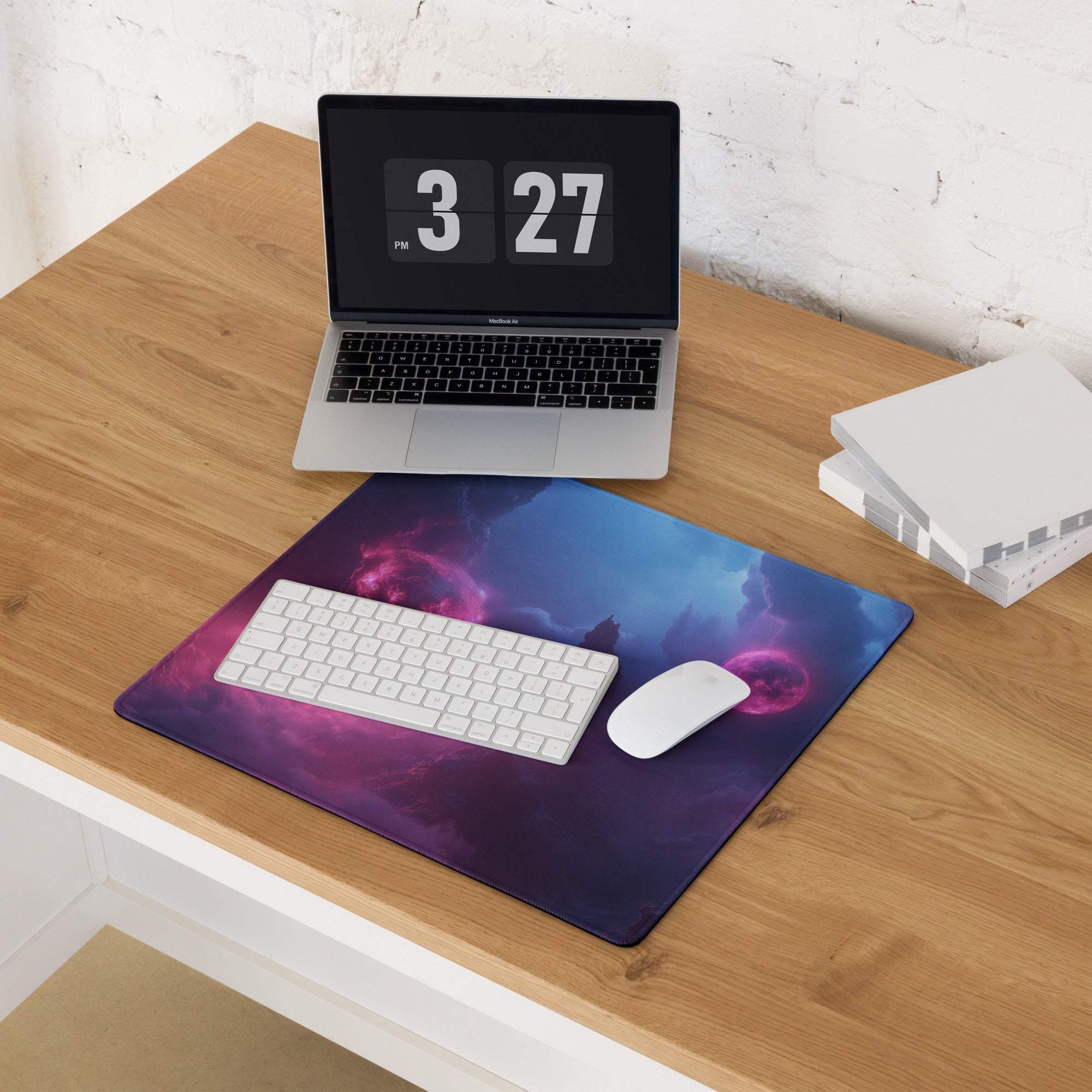 Cosmic neon pink blue space gaming mouse pad with nebula patterns
