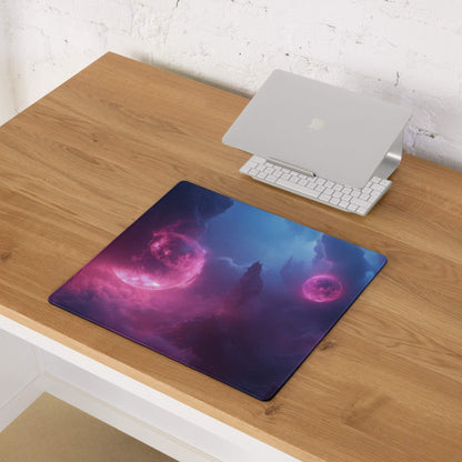 Cosmic neon pink blue space gaming mouse pad with nebulae design