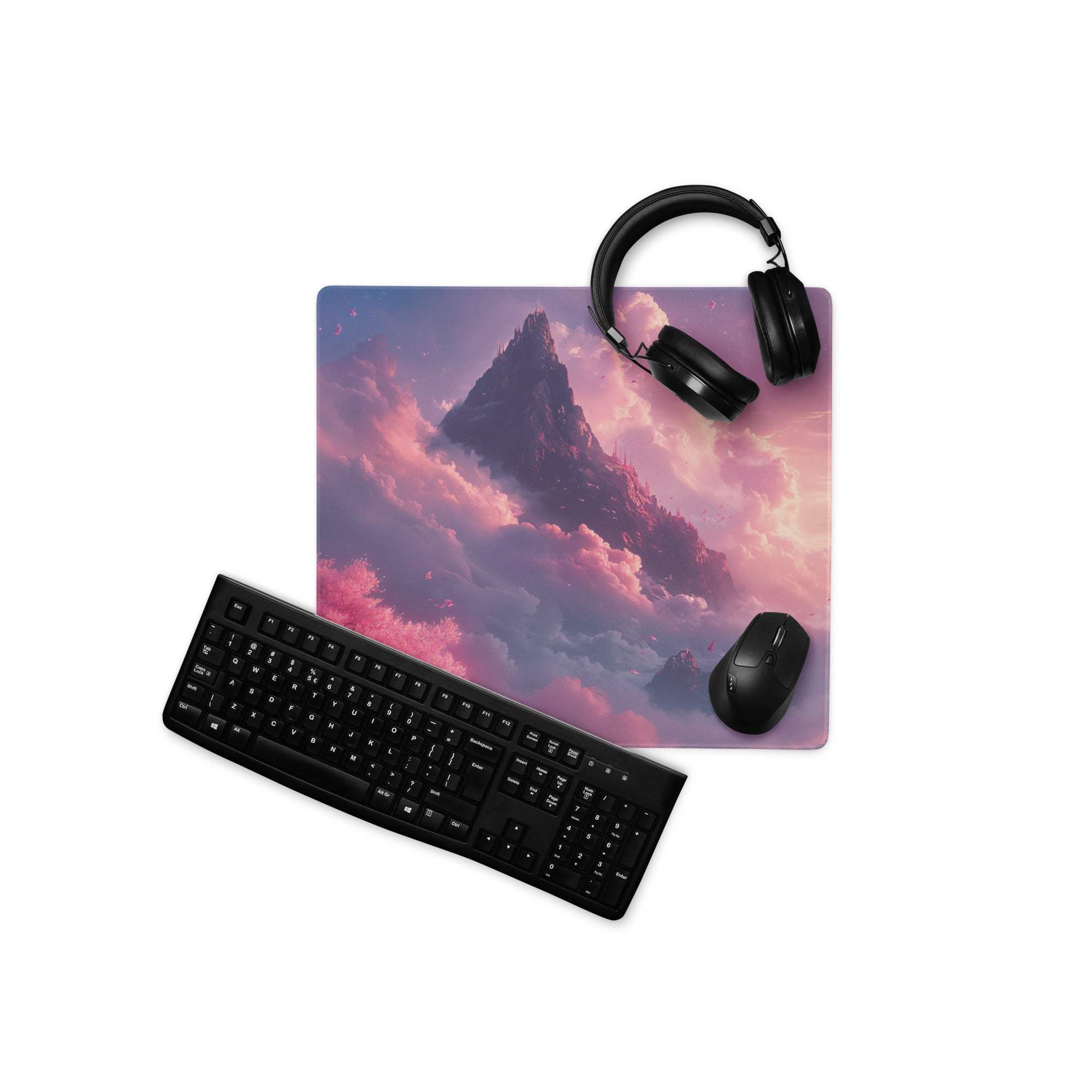 Dreamy Mountain Sunset large gaming mousepad with surreal pink purple landscape