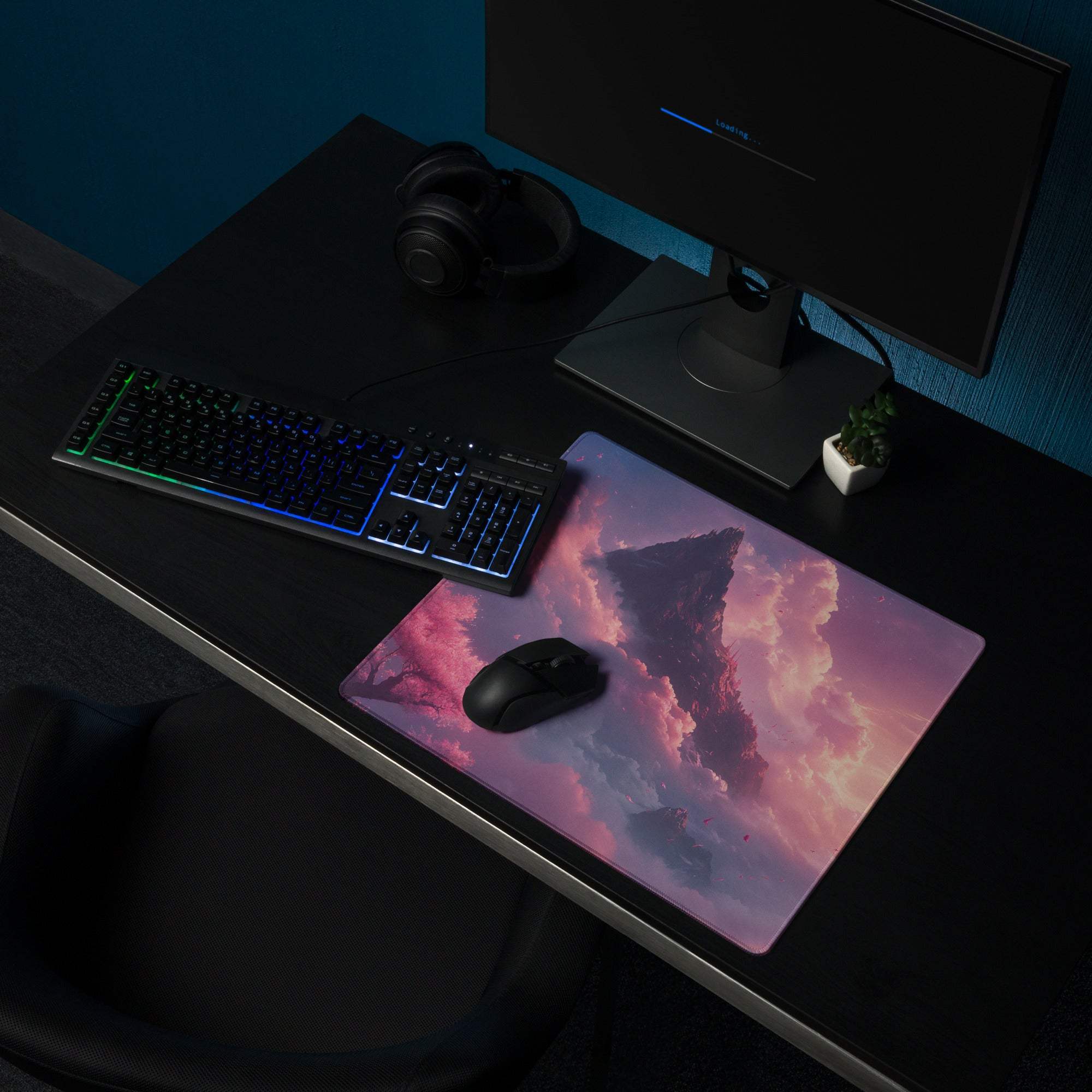 Dreamy Mountain Sunset large gaming mousepad with surreal pink purple clouds