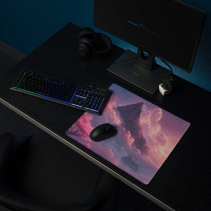 Dreamy Mountain Sunset large gaming mousepad with surreal pink purple clouds