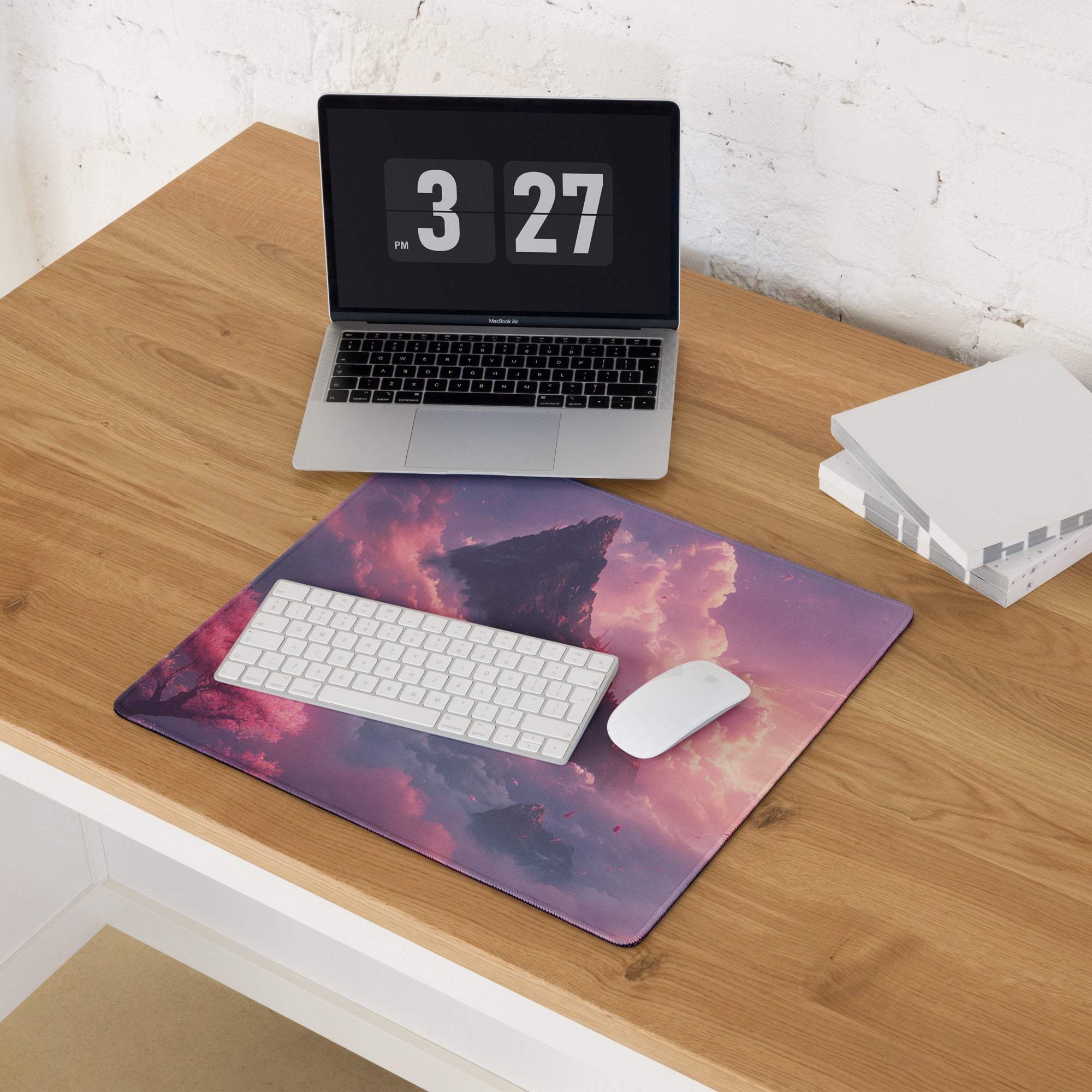 Purple pink cloud mousepad with mountain silhouette, large gaming non-slip base