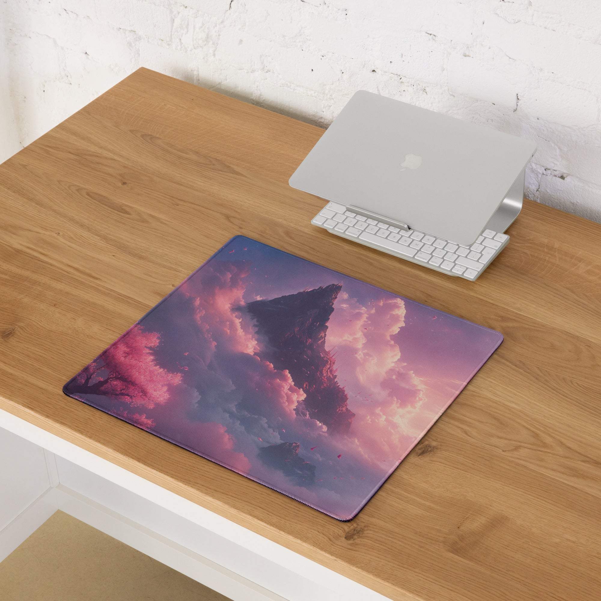 Dreamy Mountain Sunset large gaming mouse pad with surreal pink purple sky
