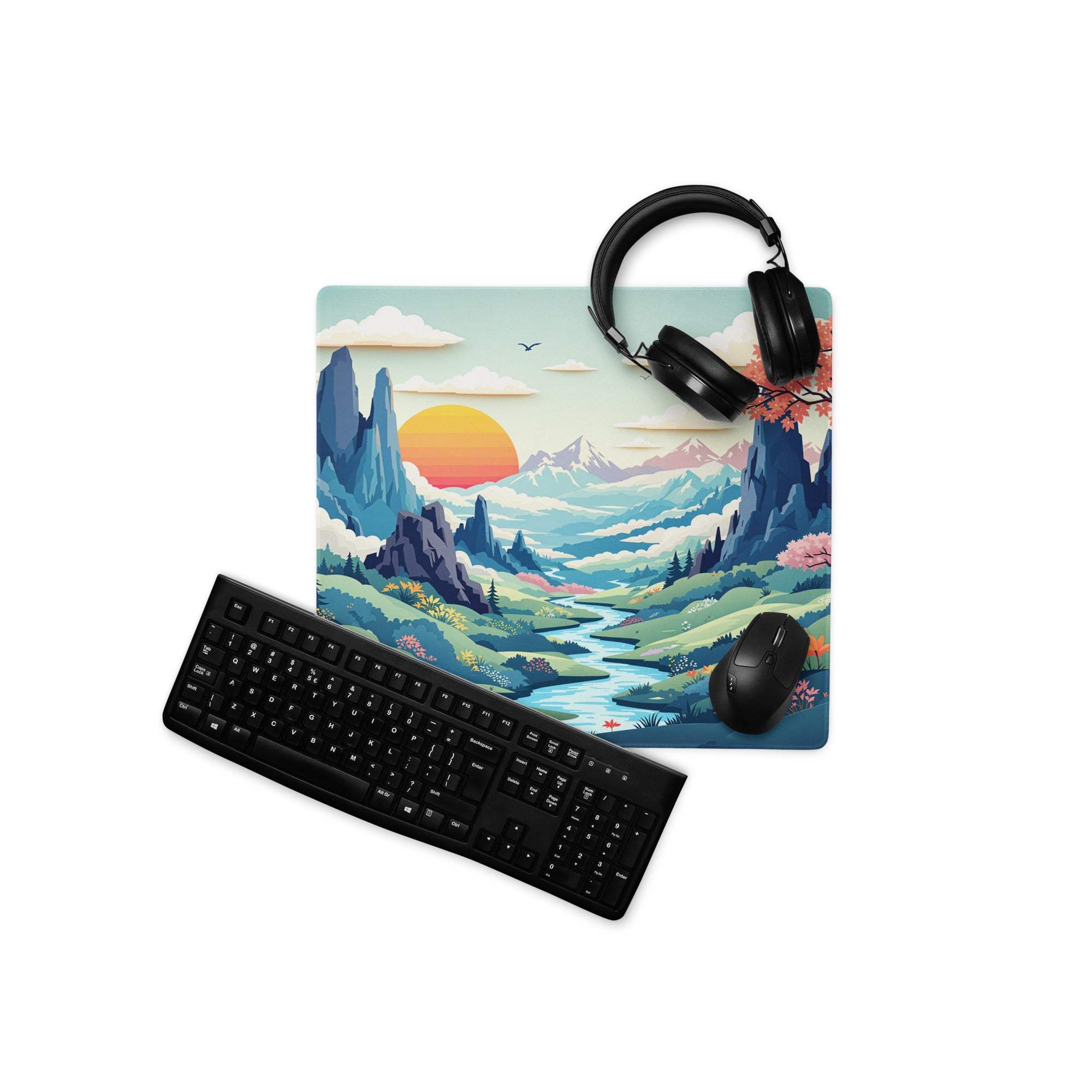Artistic landscape mountain valley sunset gaming mouse pad
